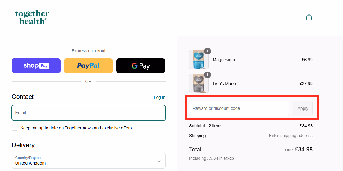 Together Health checkout page and box for discount codes.